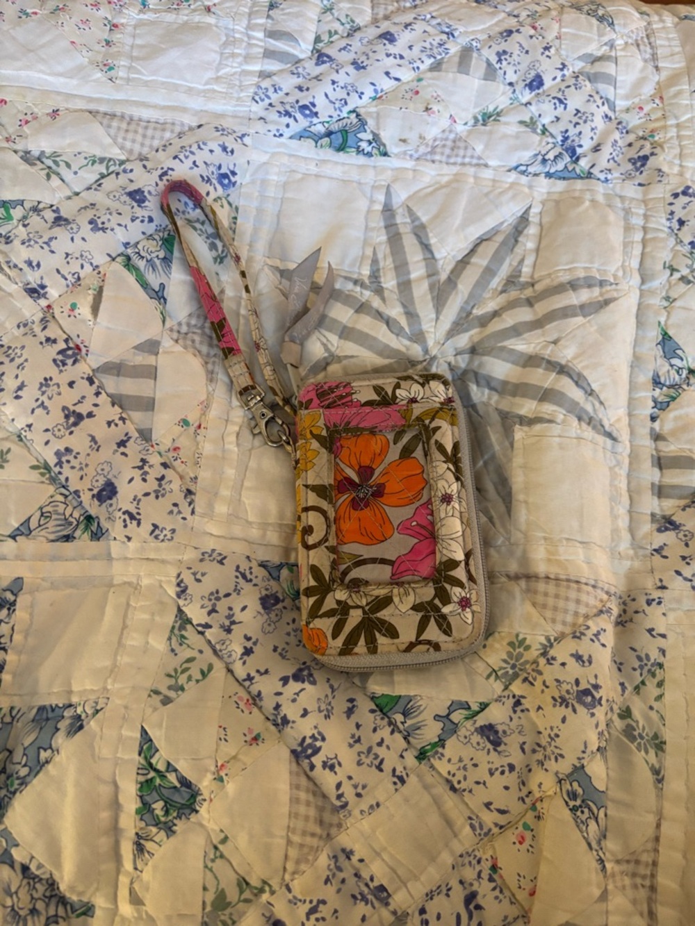 Vera Bradley Floral Wristlet in Orange, Pink, Green on Cream